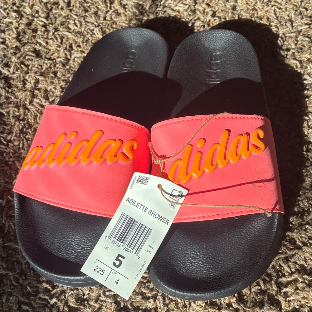 adidas Kids Slide Sandals in Coral Strap and Black Footbed